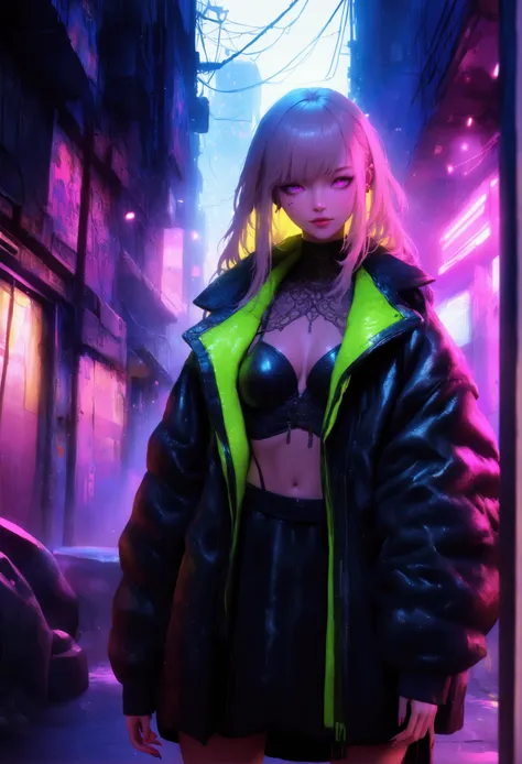 (Artistic photo of a cyberpunk prostitute),full-body shot, Center, (Extremely detailed:1.2), (Intricate neon slums in the background:1.1), Ultra Detailed, (Soft lighting:1.2), high resolution, Film particles.