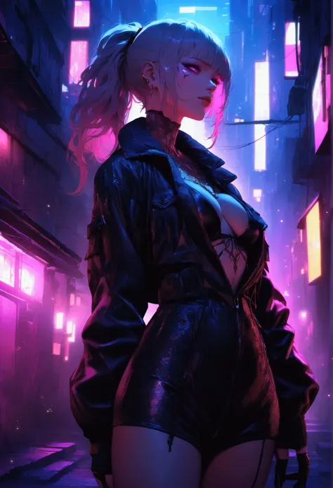 (Artistic photo of a cyberpunk prostitute),full-body shot, Center, (Extremely detailed:1.2), (Intricate neon slums in the background:1.1), Ultra Detailed, (Soft lighting:1.2), high resolution, Film particles.