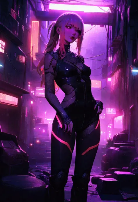 (Artistic photo of a cyberpunk prostitute),full-body shot, Center, (Extremely detailed:1.2), (Intricate neon slums in the background:1.1), Ultra Detailed, (Soft lighting:1.2), high resolution, Film particles.