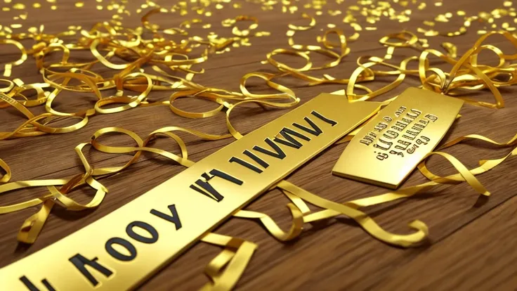 a gold ribbon that says 12,000 thank you in a very large font, no humans, confetti,