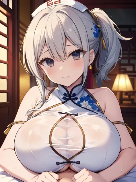 (masterpiece, highest quality, Very detailed, shape),(highest quality:1.3), Silver girl with ponytail is doing titjob, throw, One boy, Penis between breasts, Chest pressure, Wet penis, stare, Bedroom, Sweaty, Large Breasts, composition, Mischievous Smile, ...