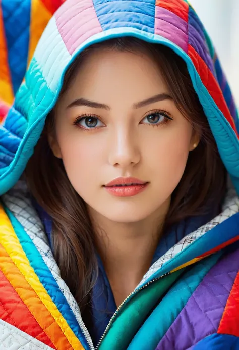 close-up professional photo of a young woman wrapped in a colorful and warm quilt, cel shading, bold outline, flat color, sharp ...