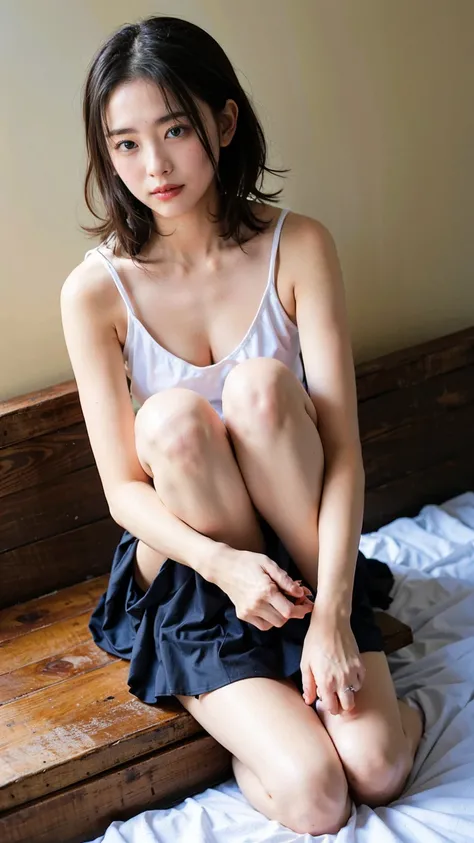 (((Highest quality,Very detailed,masterpiece,Very detailed))) ,(((Bend your knees))),loose breast,See-through,camisole,one piece,barefoot,One Girl,Realistic,Lying down,Bedroom、Looks sleepy