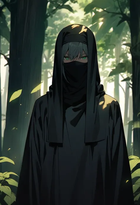 "An anime-style character with green eyes and a serious expression, wearing a predominantly black outfit that resembles a traditional Japanese nun or ninja uniform. The outfit includes a black robe with a black headband and a black cloth mask covering the ...