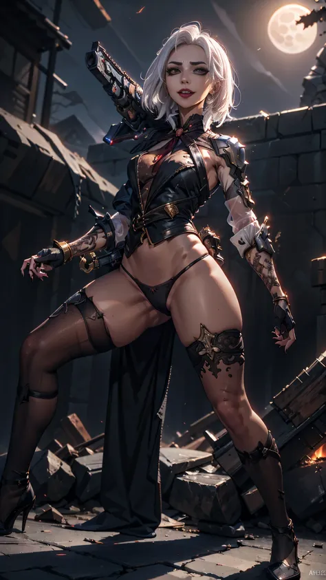 From below, pussy focus, ashe, overwatch, AsheOver  warrioress, standing with legs spread wide open, long white hair, action stance, sexy, naked, see-through lowleg panties, claws, fangs, armoured shoulder pauldrons, demonic presence, combat stance, vibran...