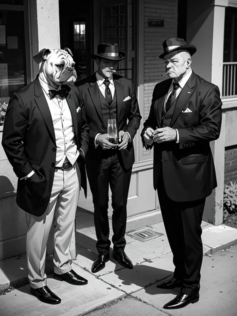 Three Dogs(includeing Bulldog) in mafia clothes smoking a cigarette, monochrome, wide shot