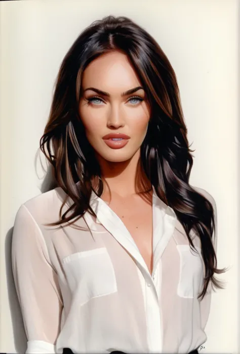 (MeganFox)drawing of the face of a 35 year old woman,long hair,dark haired,white satin shirt