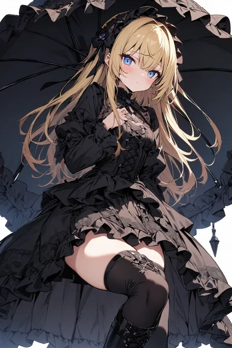 solo, cute girl, masterpiece, best quality, ultra detailed, gothic lolita, lace dress, parasol, knee-high boots, blonde hair, blue eyes