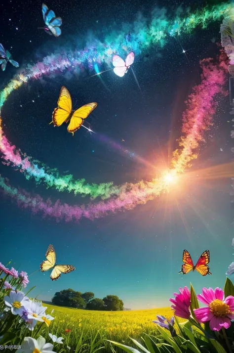 masterpiece, 最high quality, high quality, Very detailed cg unity 8k wallpaper, With vibrant colors and a bright night sky、an extremely colorful and pure fantasy environment, Star-filled sky, Bright green grass landscape, colorful trees々, Shining Fruit, Bri...