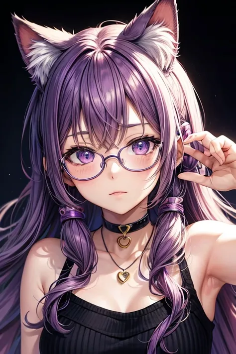 Anime girl with purple hair and glasses, who holds a heart, Style artistique Anime Moe, Fille anime avec des oreilles de chat, fille chat animée, dans un style animé, cute girl chat animated, dans un style animé, Fille aux oreilles de chat, nekomimi, Holo ...