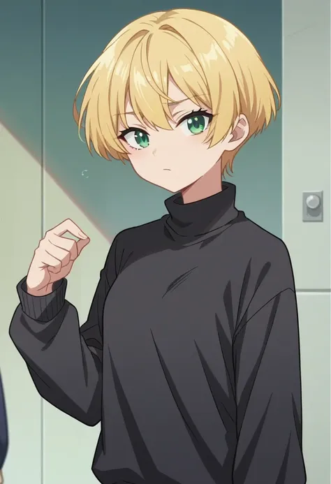 score_9, score_8_up, score_7_up, source_anime, anime_screencap, 1girl, black sweater, green eyes, blonde hair, short hair, sidel...