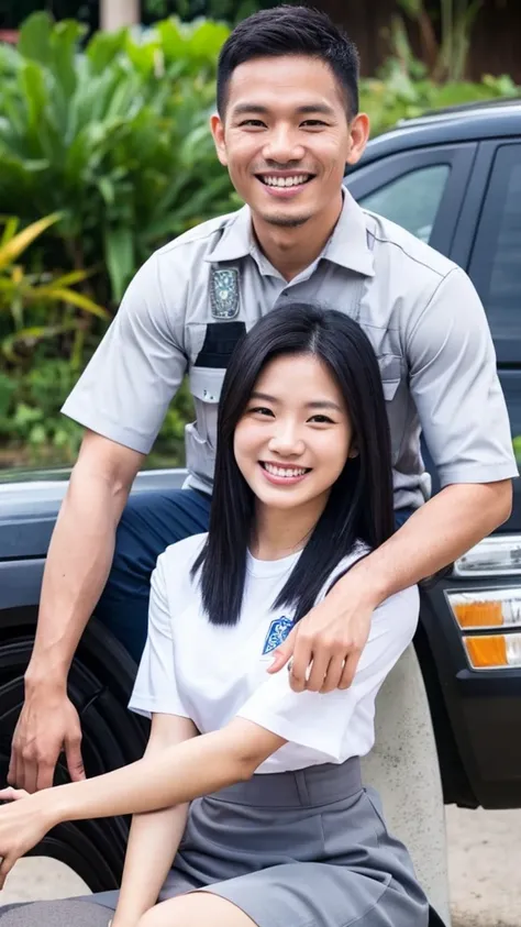 The beautiful Indonesian girl, with long black hair and fair skin, wearing a white  and a wide gray skirt, sits on her husbands lap smiling towards the camera. Her husband, still young, in police attire with an athletic build, laughs heartily while giving ...