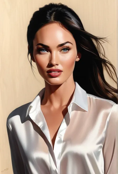 (MeganFox)drawing of the face of a 35 year old woman,long hair,dark haired,white satin shirt