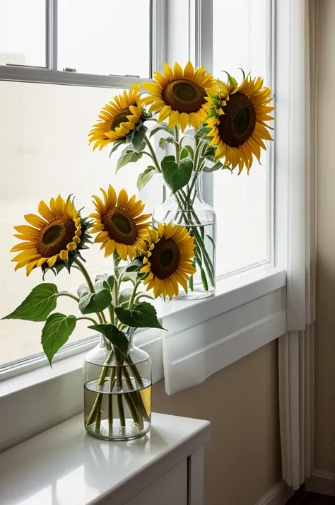 Sunflower vase beside a window with white curtain
