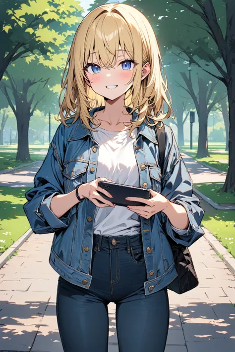 solo, cute girl, masterpiece, best quality, ultra detailed, casual outfit, denim jacket, white t-shirt, skinny jeans, sneakers, standing in a park, holding a smartphone, smiling,
blonde hair, blue eyes