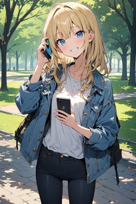 solo, cute girl, masterpiece, best quality, ultra detailed, casual outfit, denim jacket, white t-shirt, skinny jeans, sneakers, standing in a park, holding a smartphone, smiling,
blonde hair, blue eyes