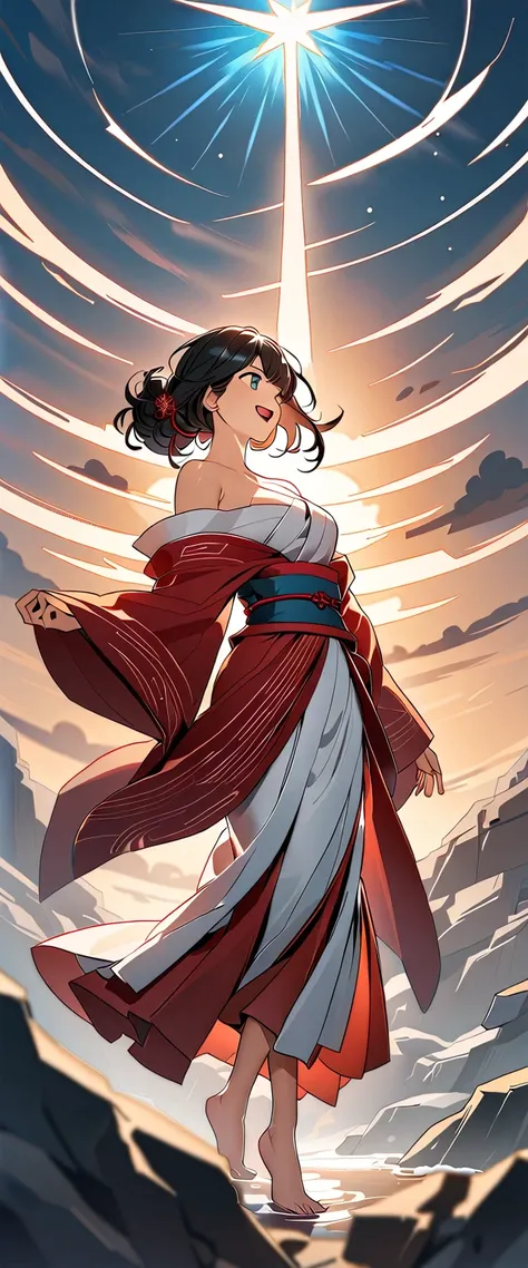 A photo of Izanami with natural skin, Japanese Gods, laughing, Black hair with red mesh, Sharp eyes with blue eyeshadow, A thin, upturned nose, Well-shaped lips, White off-the-shoulder dress, barefoot, White clothes, Clothing of ancient Japan, Makeup, Exqu...