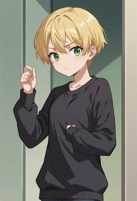 score_9, score_8_up, score_7_up, source_anime, anime_screencap, 1girl, black sweater, green eyes, blonde hair, short hair, long ...