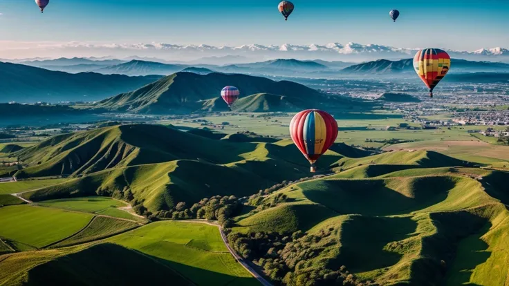 beautiful inspirational landscape with hot air balloon flying in the sky, travel destination
  