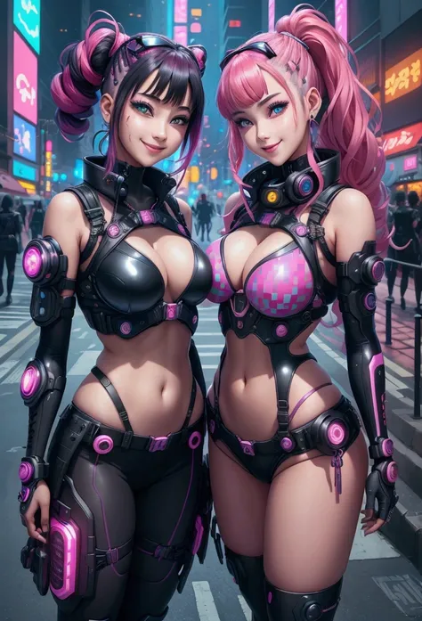 masterpiece, best quality, 2 ((Smile)) Cyberpunk girls standing together,18-year-old twin girls，Harajuku-style cyberpunk body harness, Bold Colors and Patterns, Eye-Catching Accessories, Stylish and novel hairstyle, Dazzling cyberpunk cityscape, Skyscraper...