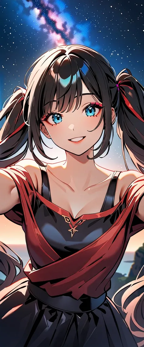 Photo of a high school girl with natural skin, Upper Body, With arms outstretched, Looking at the camera, Smiling, with twin tails and black hair with red mesh, Sharp eyes with blue eyeshadow, A thin, upturned nose, Well-shaped lips, White off-the-shoulder...