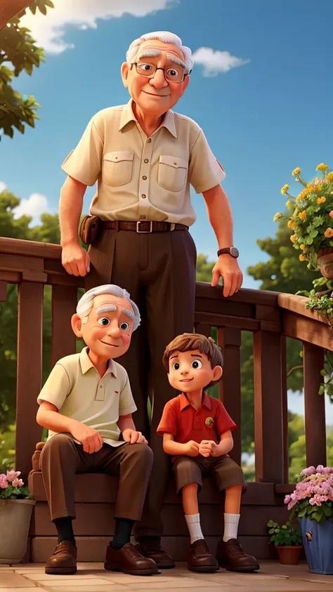 a grandfather,  telling stories to his two grandchildren, sitting on a balcony, with the background of a garden