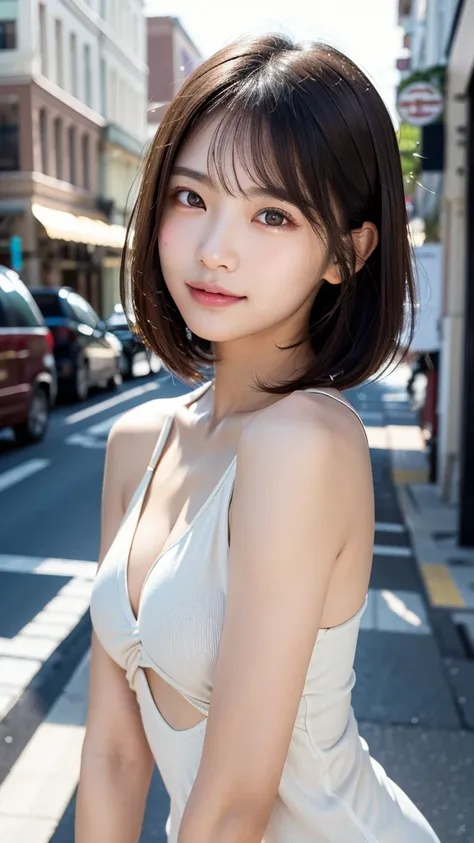 (((Brown, shoulder-length, straight short bob)))、(((Her background is in downtown Hawaii..、Pose like a model at the hair salon.)))、(((Casual black winter street fashion)))、Face close-up、Half Japanese and half Korean、18-year-old girl、independent、look forwar...