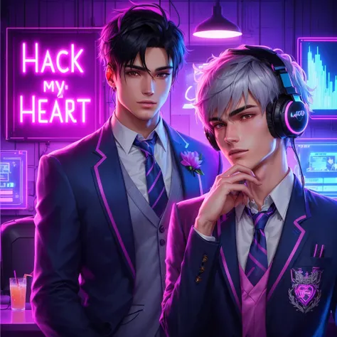 Anime-style digital artwork featuring two characters in a neon-lit room. The layout is centered with the characters in the foreground. The male character has short, dark hair, fair skin, with a stronger jawline, wearing a gaming headphone with a blazer, ti...