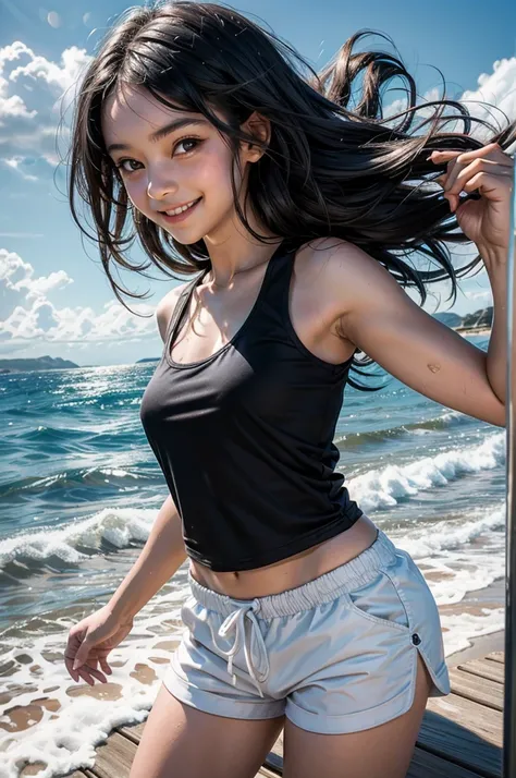 1girl, , 12 years old, cute girl, pretty face, smile, Beautiful black long hair, black eyes, Summer Sea, Seaside, bathing beach, whole, Girl playing with waves on the beach, Dynamic girl, White tank top, white shorts