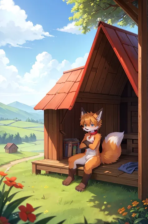 fox boy,Living in a doghouse,Red collar,8K resolution, high resolution,New Countryside,Its bright outside,The weather is bright,One person