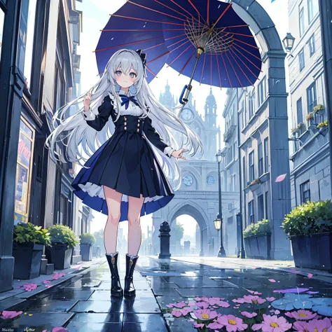 kawaii, anime, Cute, hyper quality, highly detailed, 16k, Front facing, Clarity, full body, smile, one girl, university student, long silver hair, lapis lazuli eyes, bell accessories, butler uniform, black butler uniform, walk through the medieval town, fa...