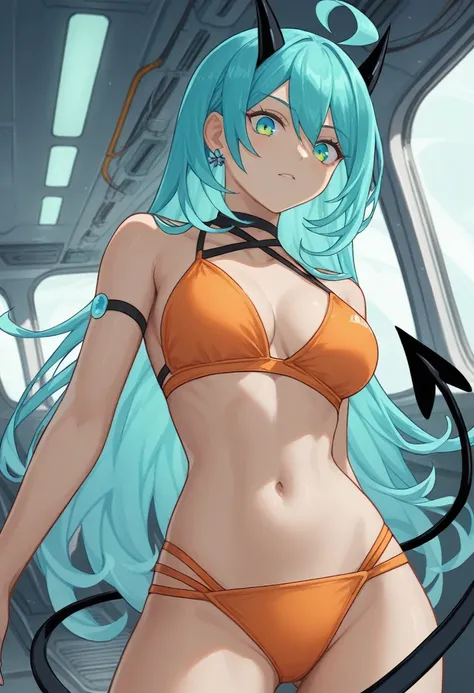 score_9, score_8_up, score_7_up,1 daemon woman, black  horns, black demon tail, (aquamarine hair),aquamarine green color hair,ahoge, long hair, (long hair),bangs, light orange bikini, bikini is orange, bikini orange, orange bikini!, (aquamarine eyes), back...