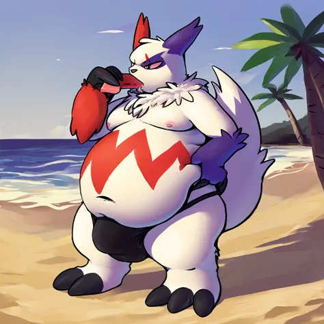 score_9_up, solo, male Zangoose, anthro, male, pokemon, pokemon (species), generation 1 pokemon, shirtless, Black speedo, holding twin-popsicle, grumpy expression, beach, travel postcard, inflating, blimpbelly