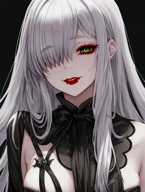 vampire,Silver Hair,girl,Green Eyes,Licking one&#39;s lips,Blood dripping onto the tongue,1 person,smile