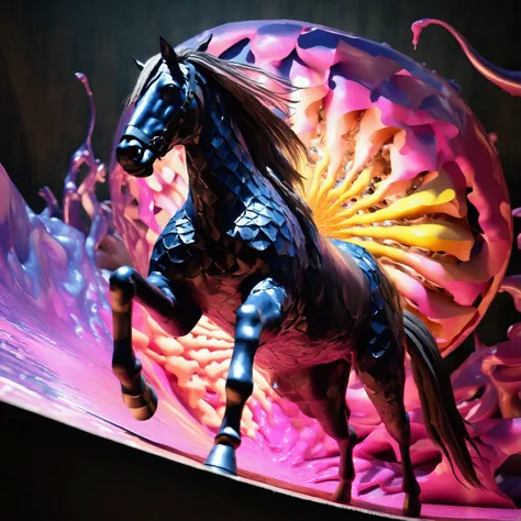 intricate abstract horse head, gradient colors, modern digital art, 3d render, photorealistic, 8k, highly detailed, dramatic lighting, (time elements:1.25), (fluid shapes:1.2), (surreal:1.1), octane render, ray tracing, volumetric lighting, cinematic compo...