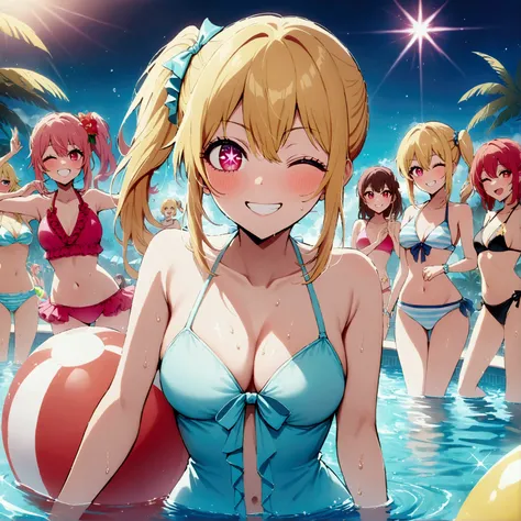 (pool party), swimsuit crowd, young people having fun at a pool, hoshinoruby, star-shaped pupils, ruby_hoshino, idol, blonde hai...