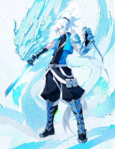 androgynous young human man, katana in right hand, wakizashi in left hand, ninja, long ponytail, dramatic wielding sword pose, anime shading, white hair, glowing blue eyes, pale skin, black ninja trousers,black vest with dragon scales on sides, blue short ...