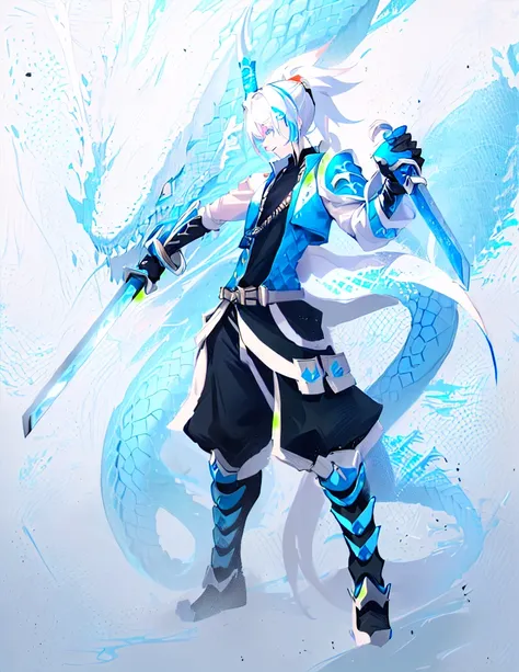 androgynous young human man, katana in right hand, wakizashi in left hand, ninja, long ponytail, dramatic wielding sword pose, anime shading, white hair, glowing blue eyes, pale skin, black ninja trousers,black vest with dragon scales on sides, blue short ...