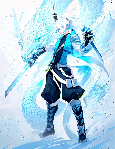 androgynous young human man, katana in right hand, wakizashi in left hand, ninja, long ponytail, dramatic wielding sword pose, anime shading, white hair, glowing blue eyes, pale skin, black ninja trousers,black vest with dragon scales on sides, blue short ...