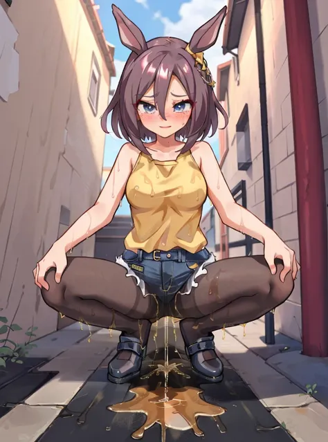 anime, 最high quality, high quality, High resolution, Beautiful woman, High detail, Good lighting, Obscene, transformation, (No nudity), ((股が濡れているJeans ))), ((Tight leather top)), (((Shiny Pantyhose))), Leather thigh-high boots, Bare abdomen, (Wet shorts), ...