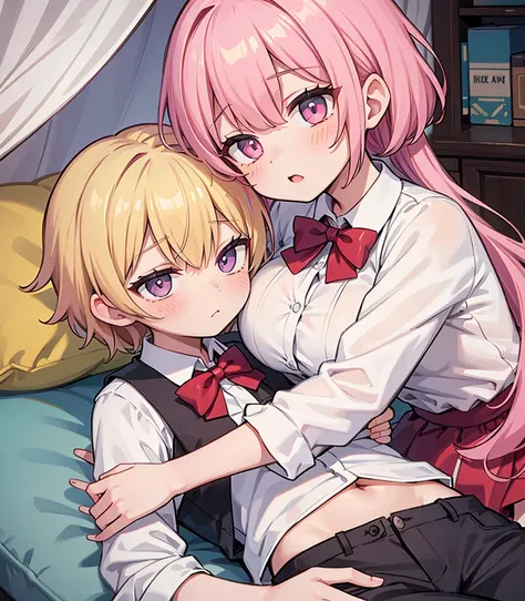 masterpiece, Highest quality, so beautiful, absurdists,High resolution,One girl, One boy,Cuddling in bed, like,sexly,Look at each one, blush,Age difference,bow tie,blondes,chest,Long Hair,Pink Hair,Tucked in shirt,short hair,skirt,Tent shirt,Slut,Big breas...