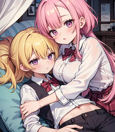 masterpiece, Highest quality, so beautiful, absurdists,High resolution,One girl, One boy,Cuddling in bed, like,sexly,Look at each one, blush,Age difference,bow tie,blondes,chest,Long Hair,Pink Hair,Tucked in shirt,short hair,skirt,Tent shirt,Slut,Big breas...