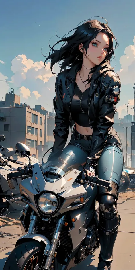 anime girl on a motorcycle in a city setting, sitting on cyberpunk motorbike, wojtek fus, artwork in the style of guweiz, james gurney painting style, digital cyberpunk anime art, cyberpunk anime art, cyberpunk art style, female cyberpunk anime girl, cyber...