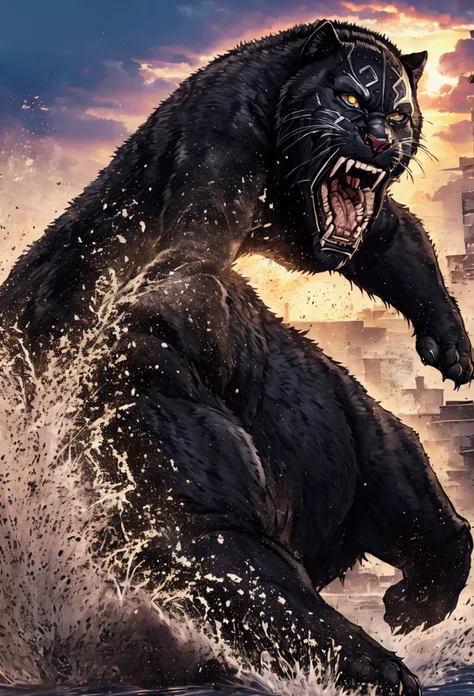 black panther approaching the camera with its mouth open about to attack, con dientes gigantes, gato gigante