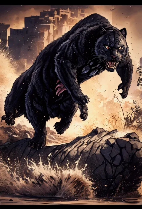 black panther approaching the camera with its mouth open about to attack, con dientes gigantes, gato gigante