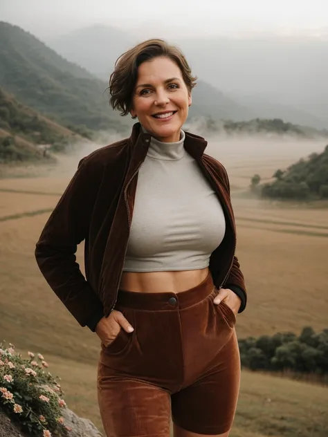 1 girl, photorealistic, realistic, her name is Elise, middle age, a 45-year-old woman with gray hair, body of 45-year-old woman, wrinkles on her face and body, Alpine woman, ((dark brown hair, short hair))), smiling,(((dynamic pose))), nudity, (((The quiet...