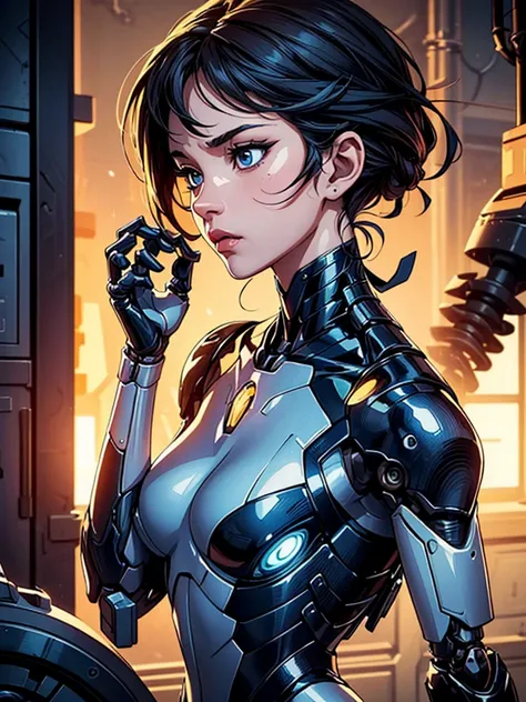 (((masterpiece))), (((best quality))), ((ultra-detailed)), (highly detailed CG illustration), ((an extremely delicate and beautiful)),cinematic light,((1mechanical girl)),solo,(cowboy shot:1.2),(machine made joints:1.2),((machanical limbs)),(mechanical ver...