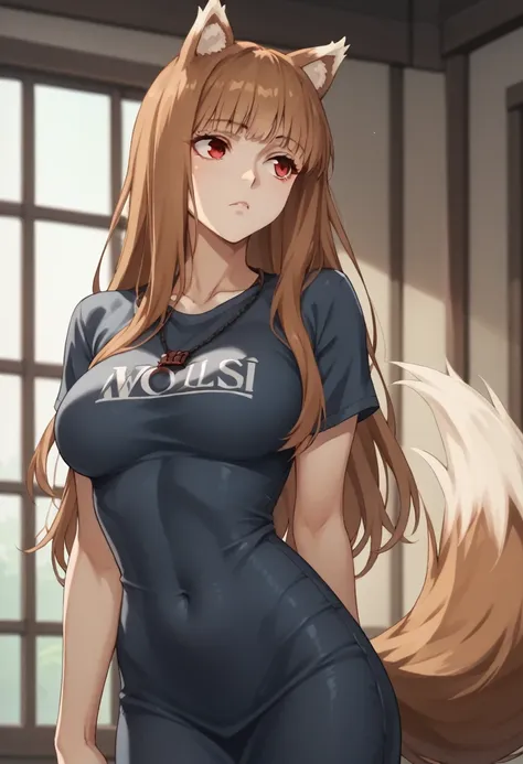 brown hair,long hair,red eyes, wolf girl,wolf ears,wolf's tail、large breasts、t-shirts(tight)maxi dresses、estrus