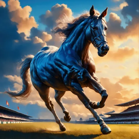 A majestic horse galloping freely on a race course, its powerful muscles rippling beneath a coat of silky hair, (best quality,4k,8k,highres,masterpiece:1.2),ultra-detailed,(realistic,photorealistic,photo-realistic:1.37),dramatic lighting,cinematic composit...