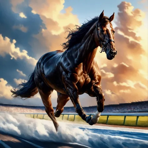 a majestic horse galloping freely on a race course, its powerful muscles rippling beneath a coat of silky hair, (best quality,4k...